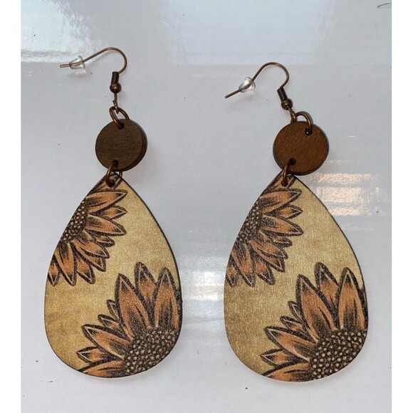 Sunflower Earrings Teardrop Design Lightweight Wooden Casual Comfortable - Picture 1 of 6